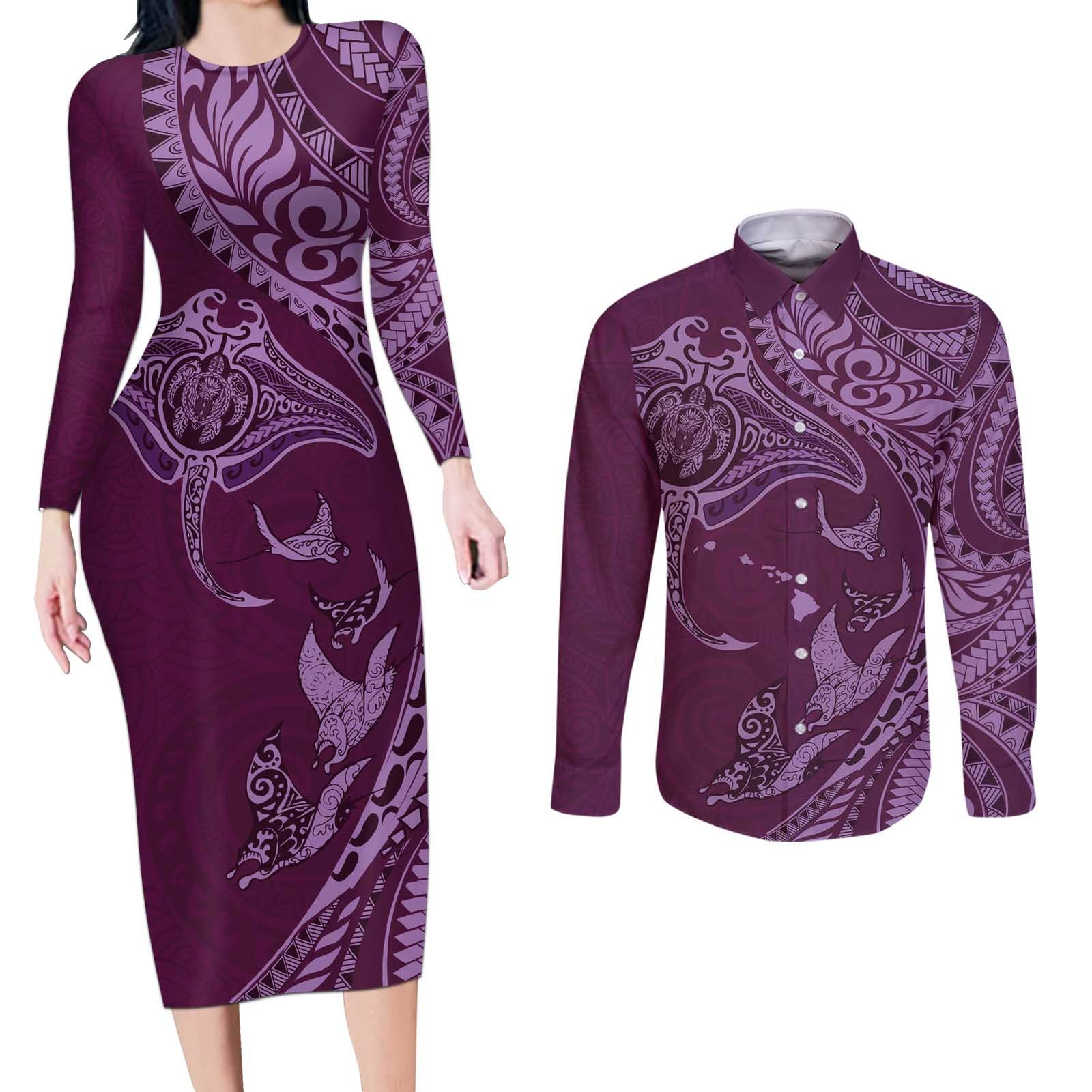 Hawaiian Manta Ray and Polynesian Tribal Tattoo Couples Matching Long Sleeve Bodycon Dress and Long Sleeve Button Shirt Pink Color LT03