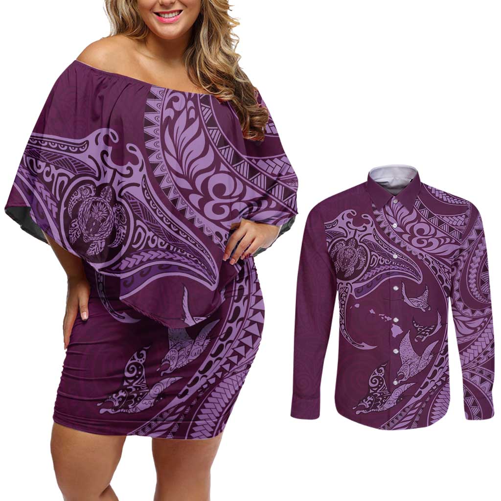 Hawaiian Manta Ray and Polynesian Tribal Tattoo Couples Matching Off Shoulder Short Dress and Long Sleeve Button Shirt Pink Color LT03