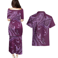 Hawaiian Manta Ray and Polynesian Tribal Tattoo Couples Matching Puletasi and Hawaiian Shirt Pink Color LT03 - Polynesian Pride