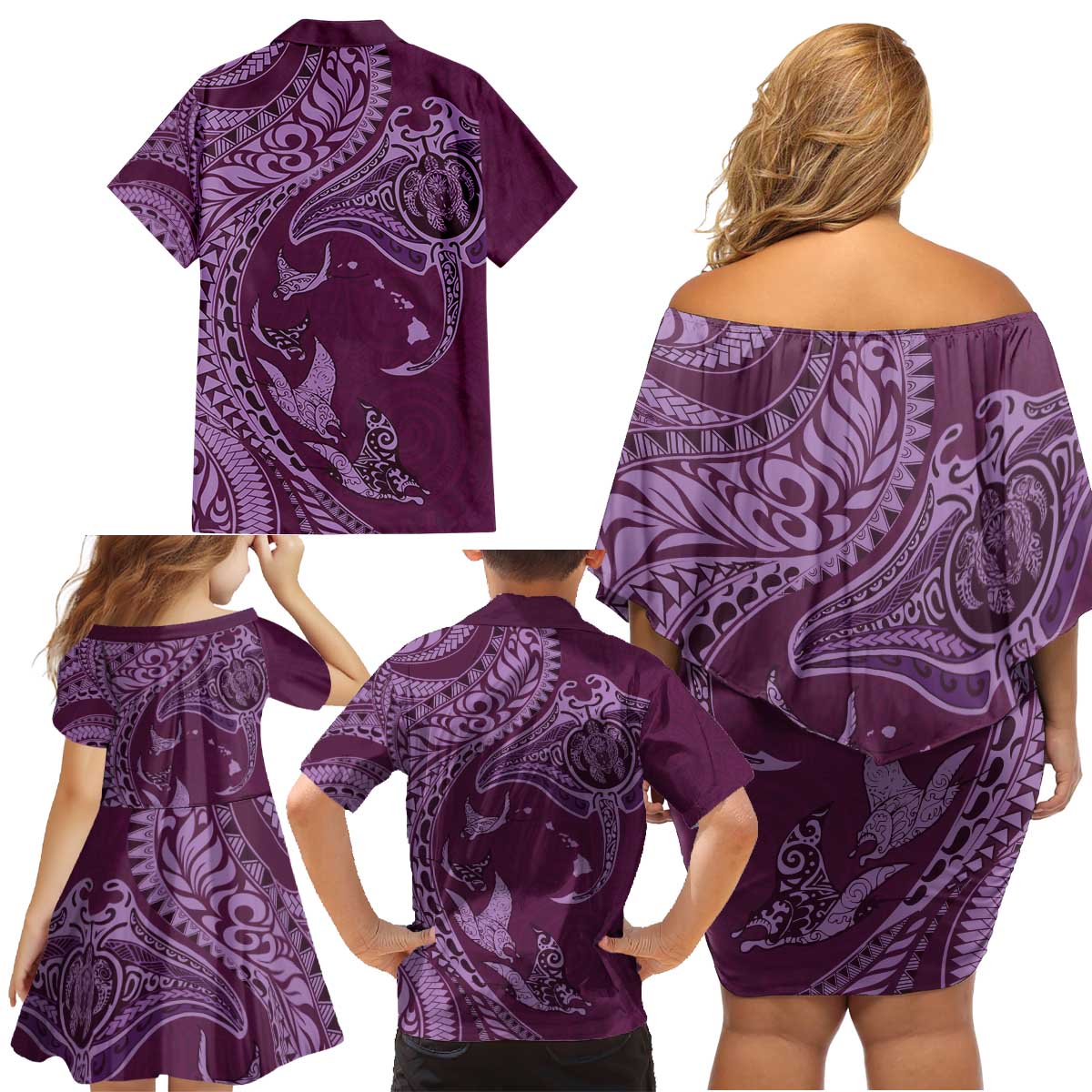 Hawaiian Manta Ray and Polynesian Tribal Tattoo Family Matching Off Shoulder Short Dress and Hawaiian Shirt Pink Color LT03