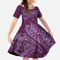 Hawaiian Manta Ray and Polynesian Tribal Tattoo Family Matching Puletasi and Hawaiian Shirt Pink Color LT03 Daughter's Dress Pink - Polynesian Pride