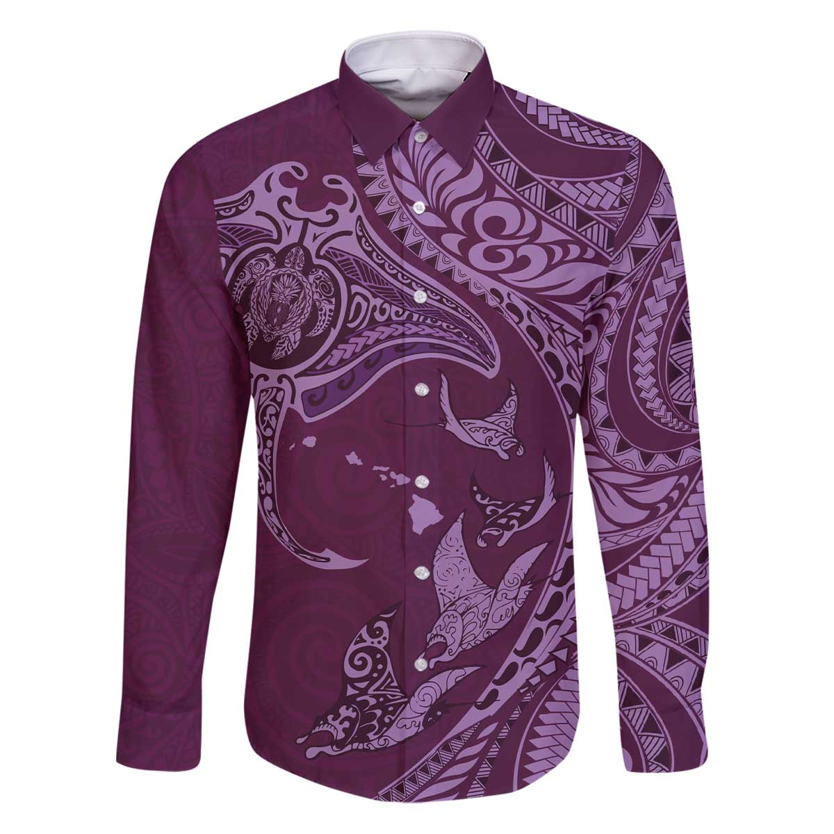 Hawaiian Manta Ray and Polynesian Tribal Tattoo Family Matching Puletasi and Hawaiian Shirt Pink Color LT03 Dad's Shirt - Long Sleeve Pink - Polynesian Pride