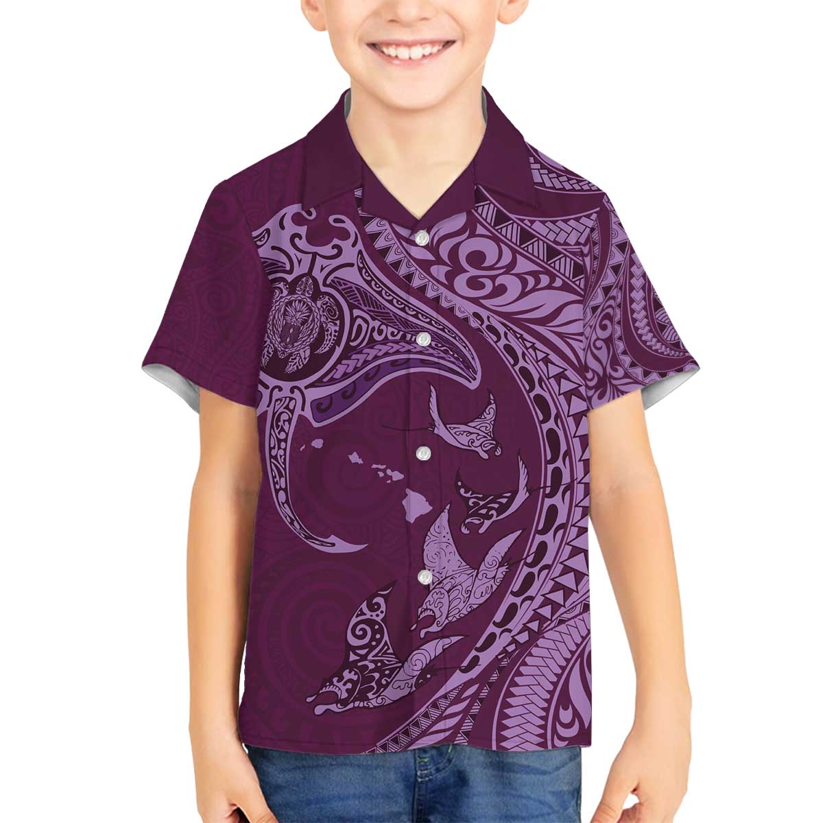 Hawaiian Manta Ray and Polynesian Tribal Tattoo Family Matching Puletasi and Hawaiian Shirt Pink Color LT03 Son's Shirt Pink - Polynesian Pride