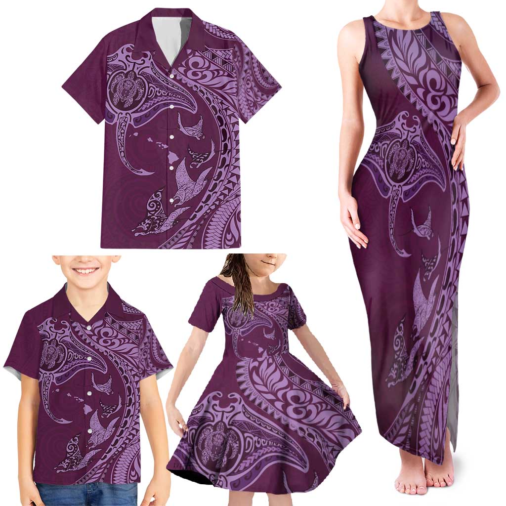 Hawaiian Manta Ray and Polynesian Tribal Tattoo Family Matching Tank Maxi Dress and Hawaiian Shirt Pink Color LT03