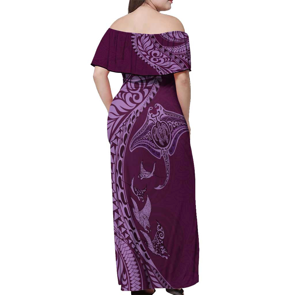 Hawaiian Manta Ray and Polynesian Tribal Tattoo Off Shoulder Maxi Dress Pink Color LT03