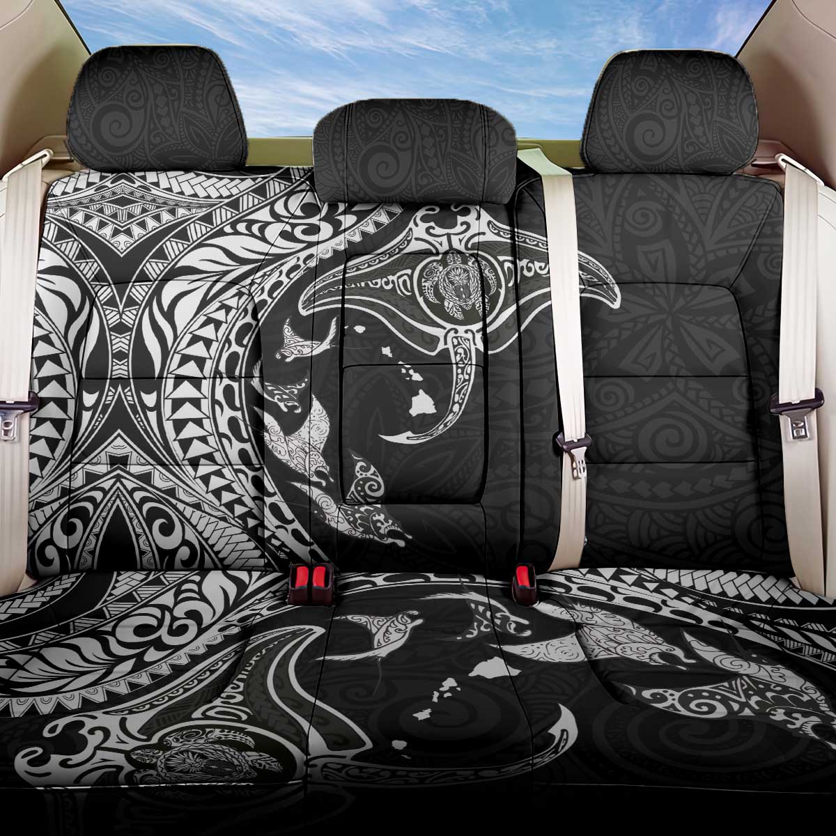 Hawaiian Manta Ray and Polynesian Tribal Tattoo Back Car Seat Cover Black Color LT03