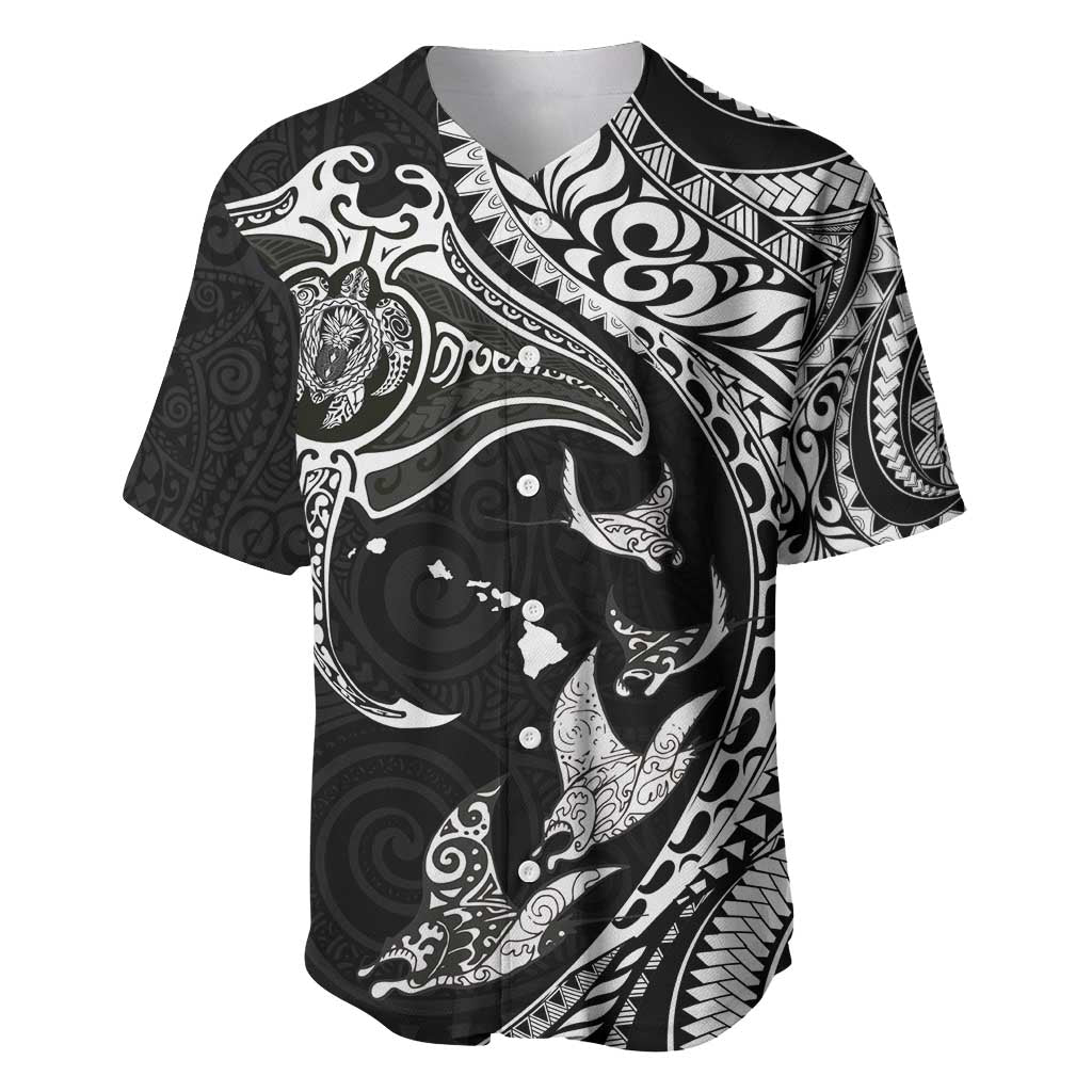 Hawaiian Manta Ray and Polynesian Tribal Tattoo Baseball Jersey Black Color LT03 Black - Polynesian Pride