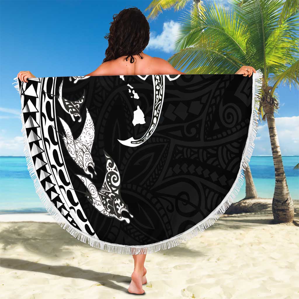 Hawaiian Manta Ray and Polynesian Tribal Tattoo Beach Blanket Black Color LT03