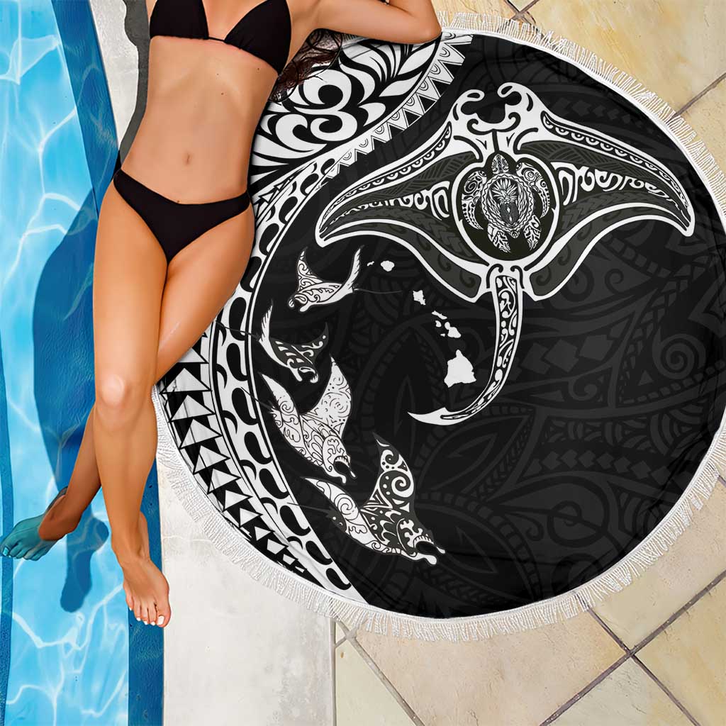 Hawaiian Manta Ray and Polynesian Tribal Tattoo Beach Blanket Black Color LT03