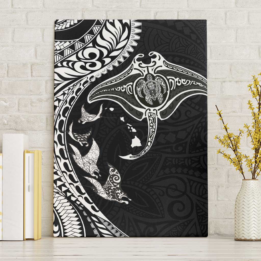 Hawaiian Manta Ray and Polynesian Tribal Tattoo Canvas Wall Art Black Color LT03