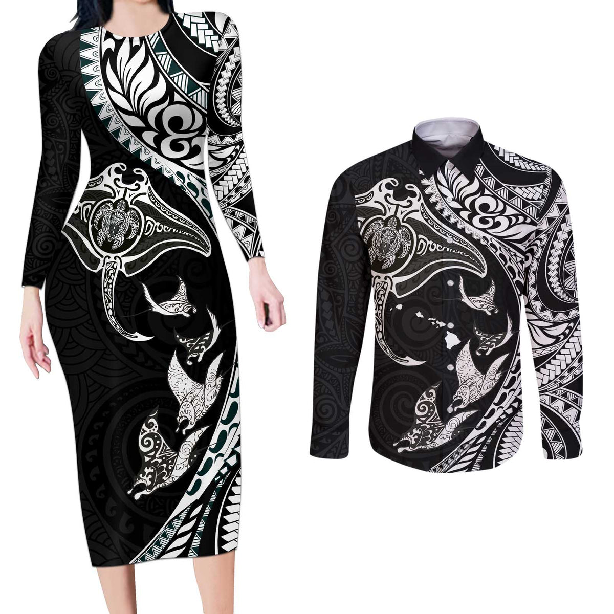 Hawaiian Manta Ray and Polynesian Tribal Tattoo Couples Matching Long Sleeve Bodycon Dress and Long Sleeve Button Shirt Black Color LT03