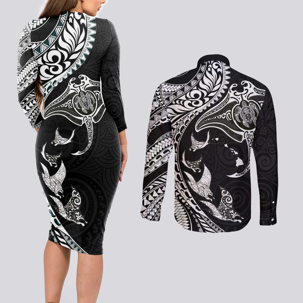 Hawaiian Manta Ray and Polynesian Tribal Tattoo Couples Matching Long Sleeve Bodycon Dress and Long Sleeve Button Shirt Black Color LT03