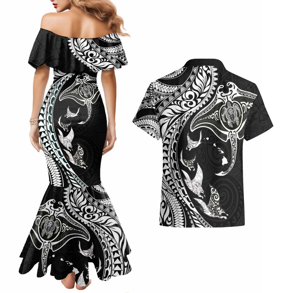 Hawaiian Manta Ray and Polynesian Tribal Tattoo Couples Matching Mermaid Dress and Hawaiian Shirt Black Color LT03