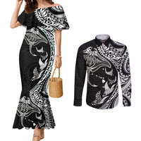 Hawaiian Manta Ray and Polynesian Tribal Tattoo Couples Matching Mermaid Dress and Long Sleeve Button Shirt Black Color LT03
