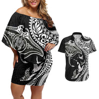 Hawaiian Manta Ray and Polynesian Tribal Tattoo Couples Matching Off Shoulder Short Dress and Hawaiian Shirt Black Color LT03