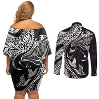 Hawaiian Manta Ray and Polynesian Tribal Tattoo Couples Matching Off Shoulder Short Dress and Long Sleeve Button Shirt Black Color LT03
