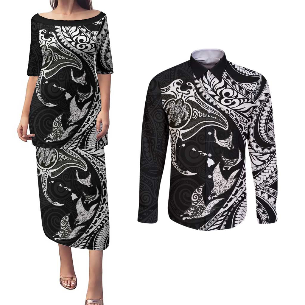 Hawaiian Manta Ray and Polynesian Tribal Tattoo Couples Matching Puletasi and Long Sleeve Button Shirt Black Color LT03