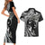 Hawaiian Manta Ray and Polynesian Tribal Tattoo Couples Matching Short Sleeve Bodycon Dress and Hawaiian Shirt Black Color LT03