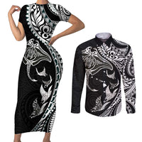 Hawaiian Manta Ray and Polynesian Tribal Tattoo Couples Matching Short Sleeve Bodycon Dress and Long Sleeve Button Shirt Black Color LT03