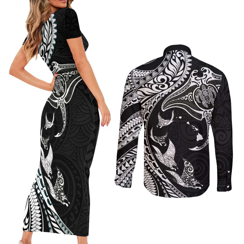 Hawaiian Manta Ray and Polynesian Tribal Tattoo Couples Matching Short Sleeve Bodycon Dress and Long Sleeve Button Shirt Black Color LT03