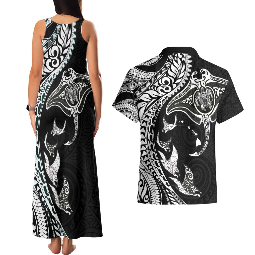 Hawaiian Manta Ray and Polynesian Tribal Tattoo Couples Matching Tank Maxi Dress and Hawaiian Shirt Black Color LT03