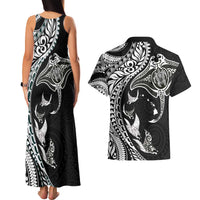Hawaiian Manta Ray and Polynesian Tribal Tattoo Couples Matching Tank Maxi Dress and Hawaiian Shirt Black Color LT03
