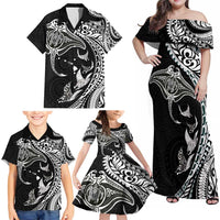 Hawaiian Manta Ray and Polynesian Tribal Tattoo Family Matching Off Shoulder Maxi Dress and Hawaiian Shirt Black Color LT03