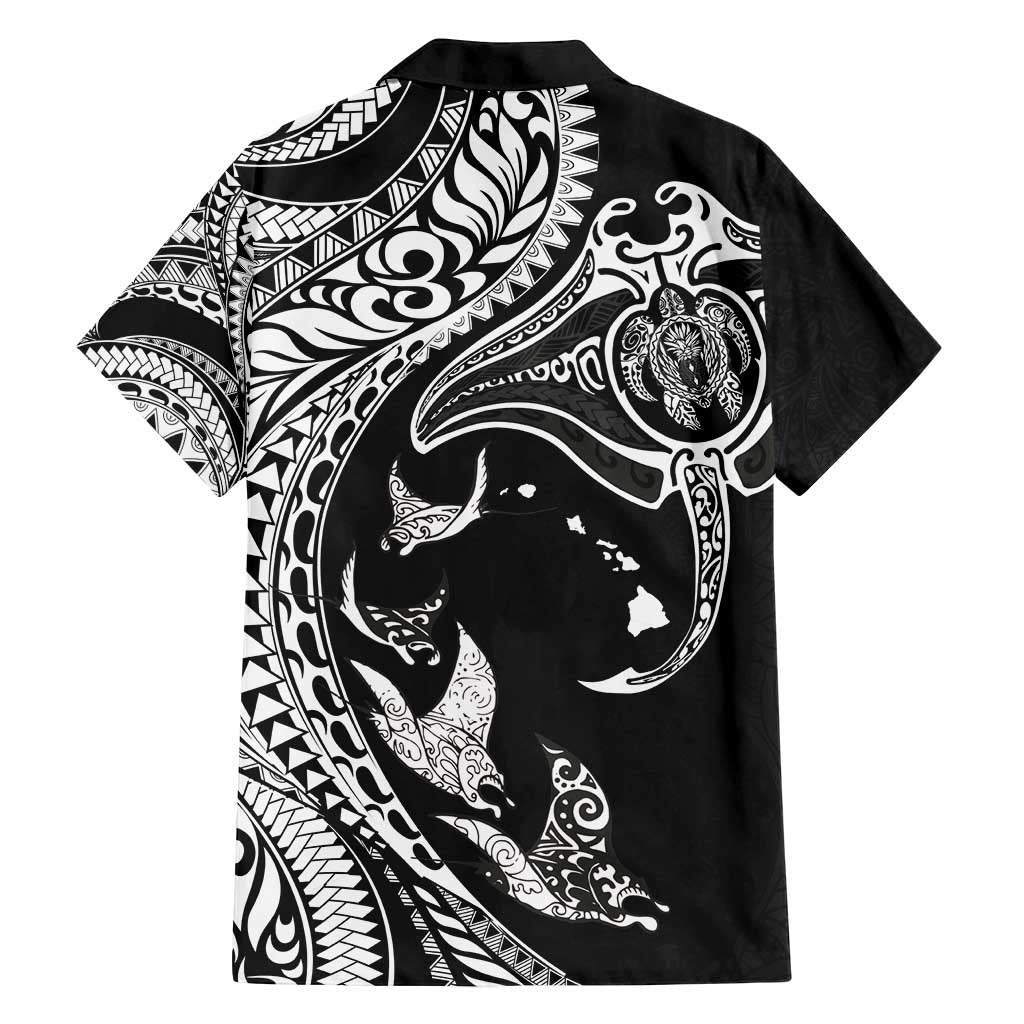 Hawaiian Manta Ray and Polynesian Tribal Tattoo Family Matching Off Shoulder Maxi Dress and Hawaiian Shirt Black Color LT03