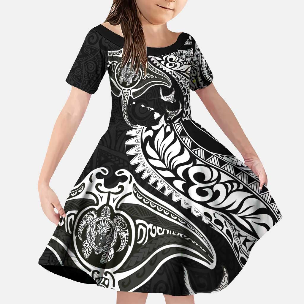Hawaiian Manta Ray and Polynesian Tribal Tattoo Family Matching Tank Maxi Dress and Hawaiian Shirt Black Color LT03