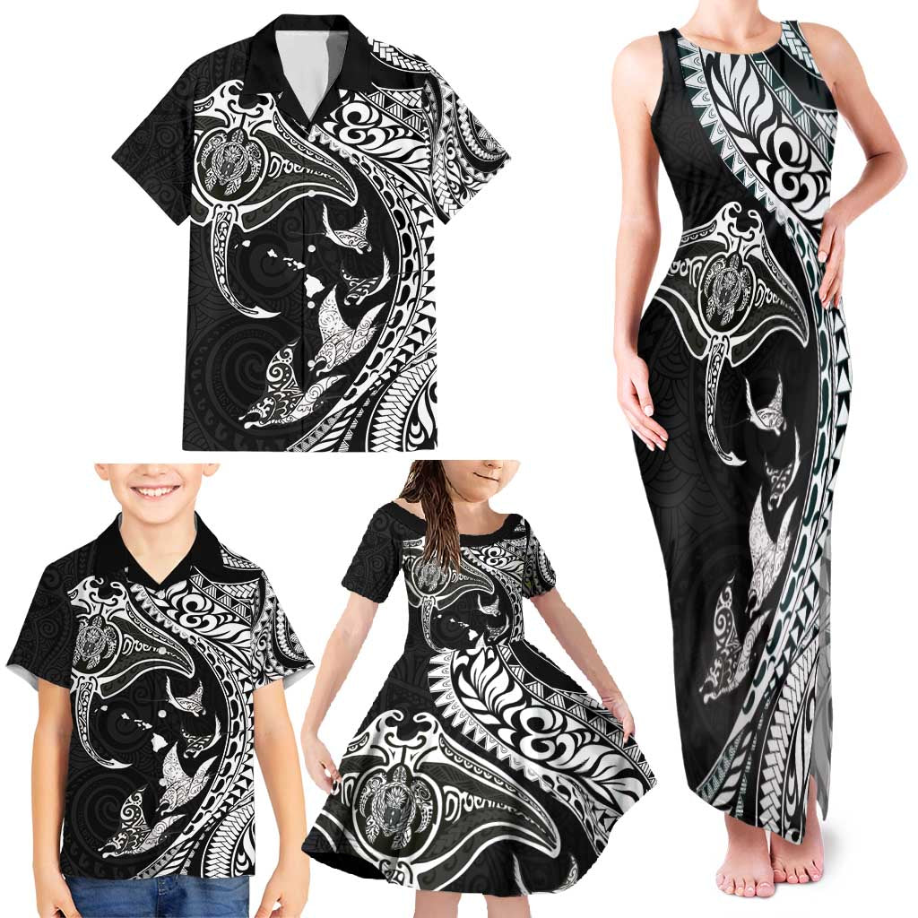 Hawaiian Manta Ray and Polynesian Tribal Tattoo Family Matching Tank Maxi Dress and Hawaiian Shirt Black Color LT03