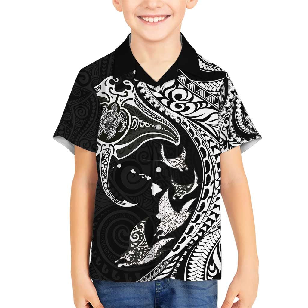 Hawaiian Manta Ray and Polynesian Tribal Tattoo Family Matching Tank Maxi Dress and Hawaiian Shirt Black Color LT03