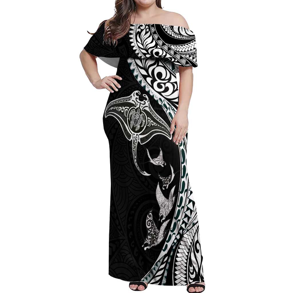 Hawaiian Manta Ray and Polynesian Tribal Tattoo Off Shoulder Maxi Dress Black Color LT03