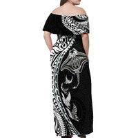 Hawaiian Manta Ray and Polynesian Tribal Tattoo Off Shoulder Maxi Dress Black Color LT03