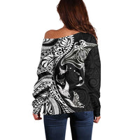 Hawaiian Manta Ray and Polynesian Tribal Tattoo Off Shoulder Sweater Black Color LT03