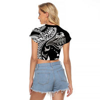 Hawaiian Manta Ray and Polynesian Tribal Tattoo Raglan Cropped T Shirt Black Color LT03 - Polynesian Pride