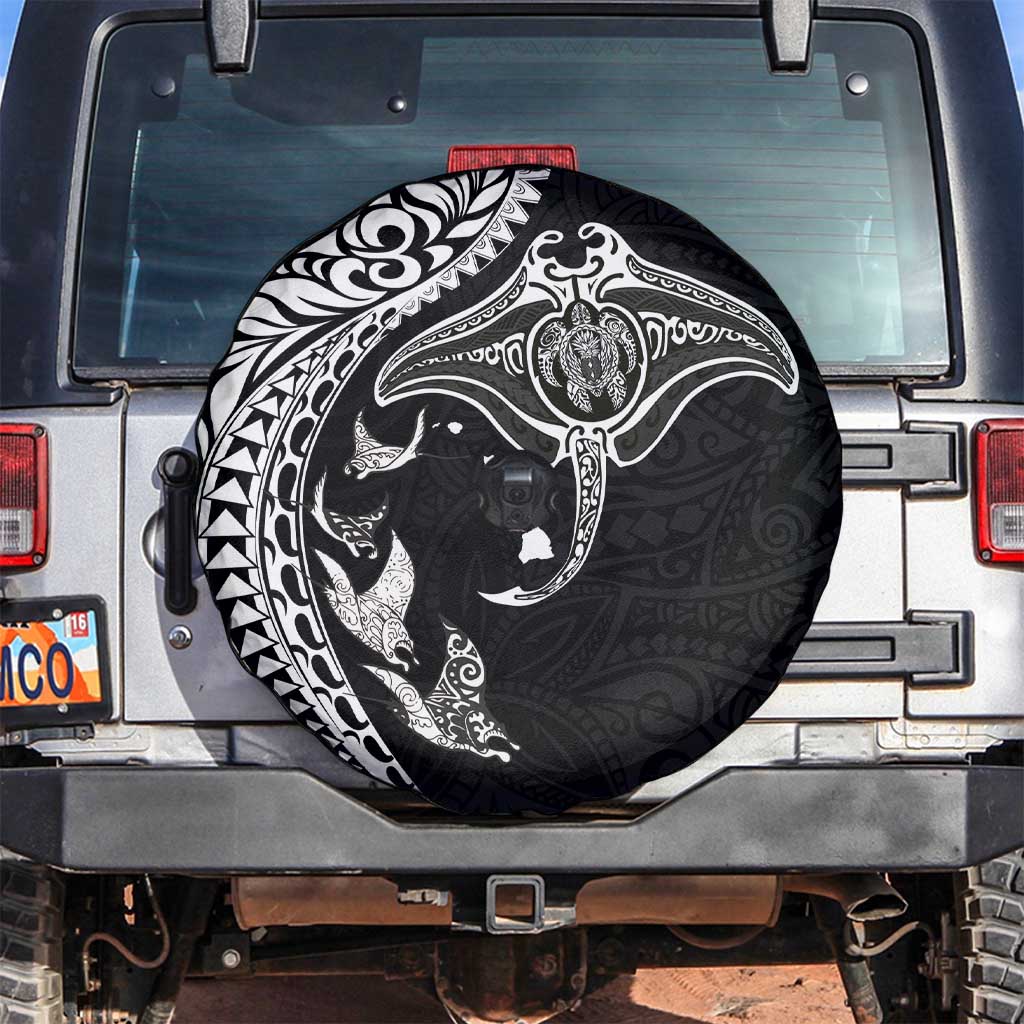 Hawaiian Manta Ray and Polynesian Tribal Tattoo Spare Tire Cover Black Color LT03