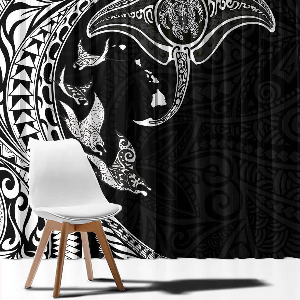 Hawaiian Manta Ray and Polynesian Tribal Tattoo Window Curtain Black Color LT03
