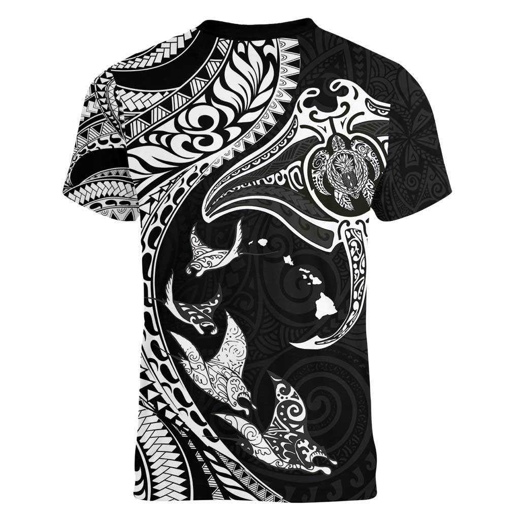 Hawaiian Manta Ray and Polynesian Tribal Tattoo Women V-Neck T-Shirt Black Color LT03 - Polynesian Pride