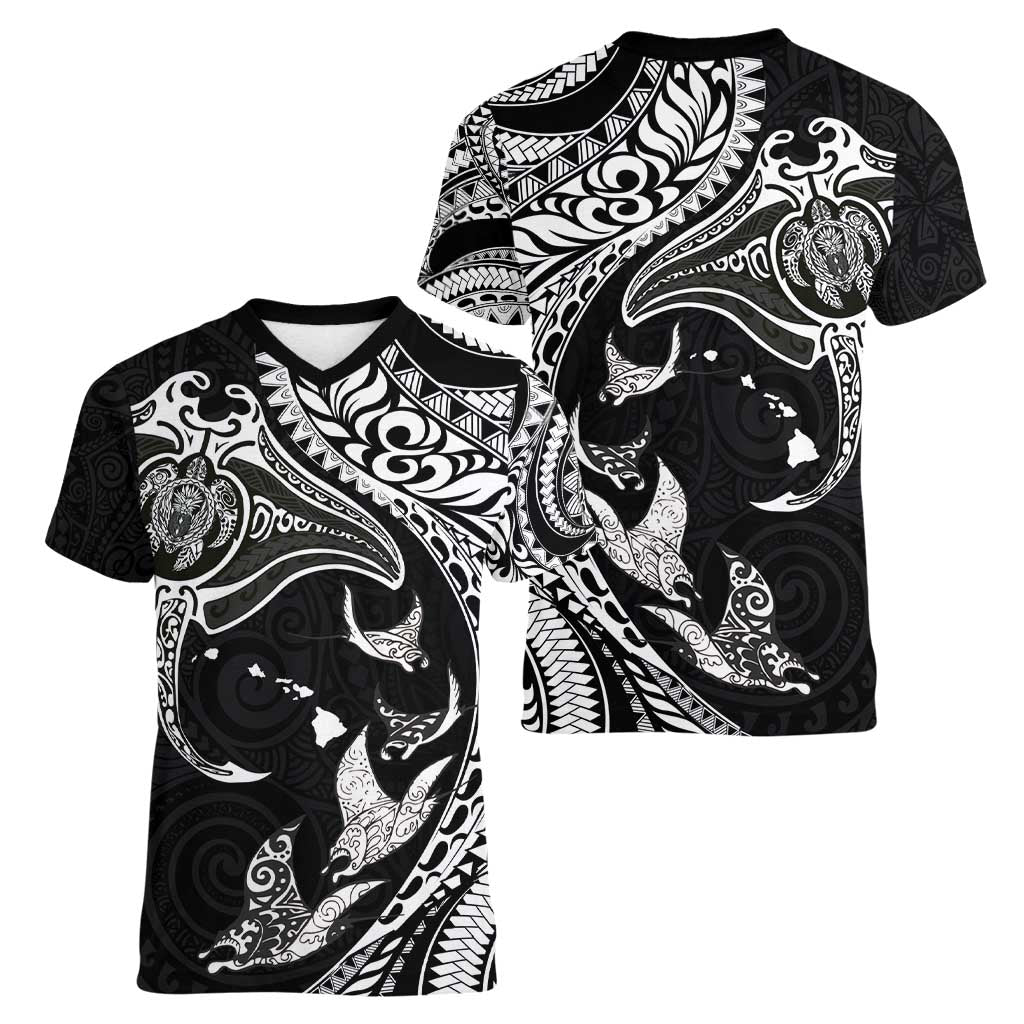 Hawaiian Manta Ray and Polynesian Tribal Tattoo Women V-Neck T-Shirt Black Color LT03 - Polynesian Pride