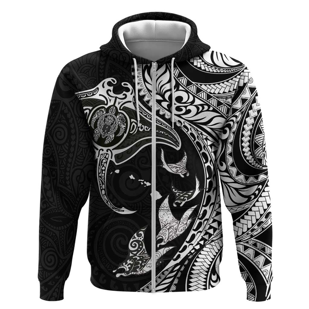 Hawaiian Manta Ray and Polynesian Tribal Tattoo Zip Hoodie Black Color LT03
