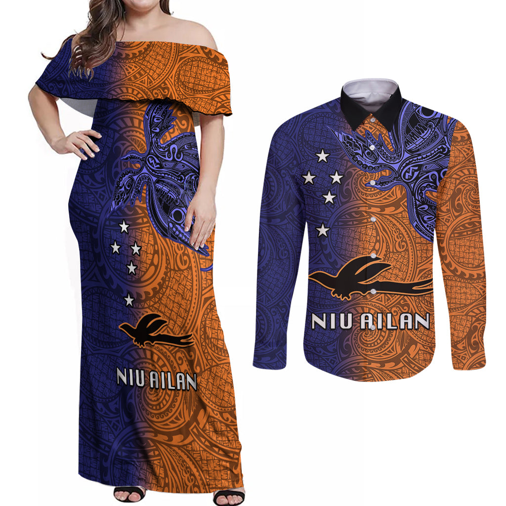 Papua New Guinea New Ireland Province Couples Matching Off Shoulder Maxi Dress and Long Sleeve Button Shirts PNG Birds Of Paradise Polynesian Arty Style LT03 Orange - Polynesian Pride