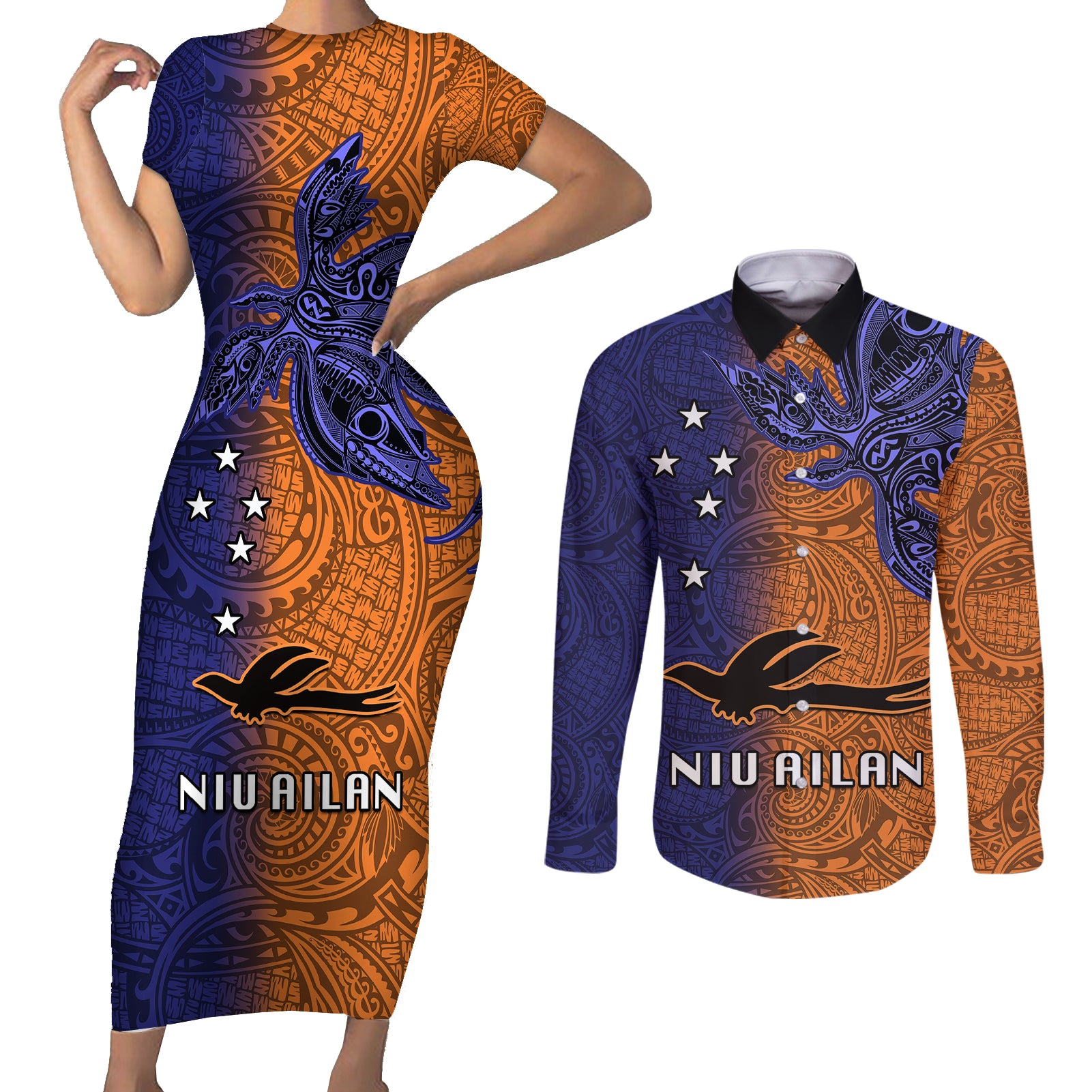 Papua New Guinea New Ireland Province Couples Matching Short Sleeve Bodycon Dress and Long Sleeve Button Shirts PNG Birds Of Paradise Polynesian Arty Style LT03 Orange - Polynesian Pride