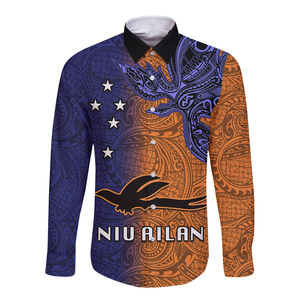 Papua New Guinea New Ireland Province Long Sleeve Button Shirt PNG Birds Of Paradise Polynesian Arty Style LT03 Unisex Orange - Polynesian Pride