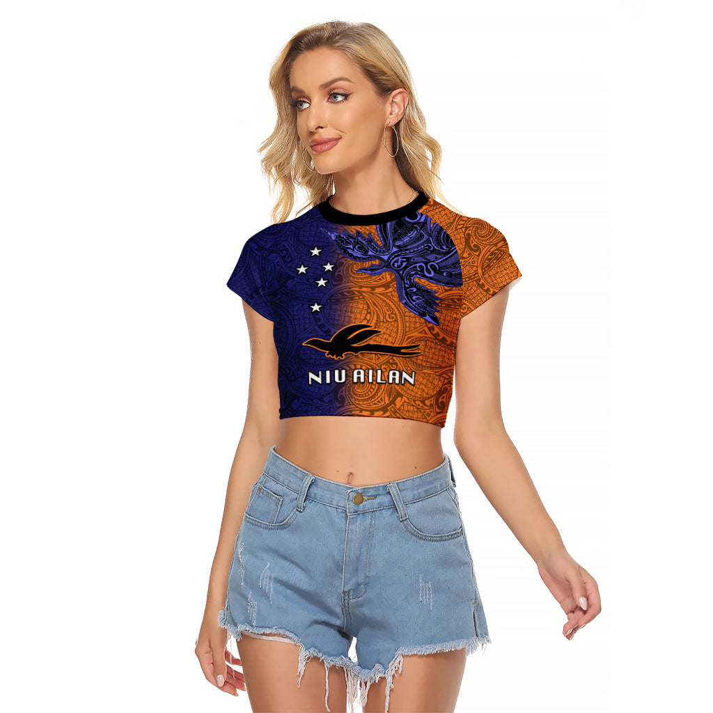 Papua New Guinea New Ireland Province Raglan Cropped T Shirt PNG Birds Of Paradise Polynesian Arty Style LT03 Female Orange - Polynesian Pride