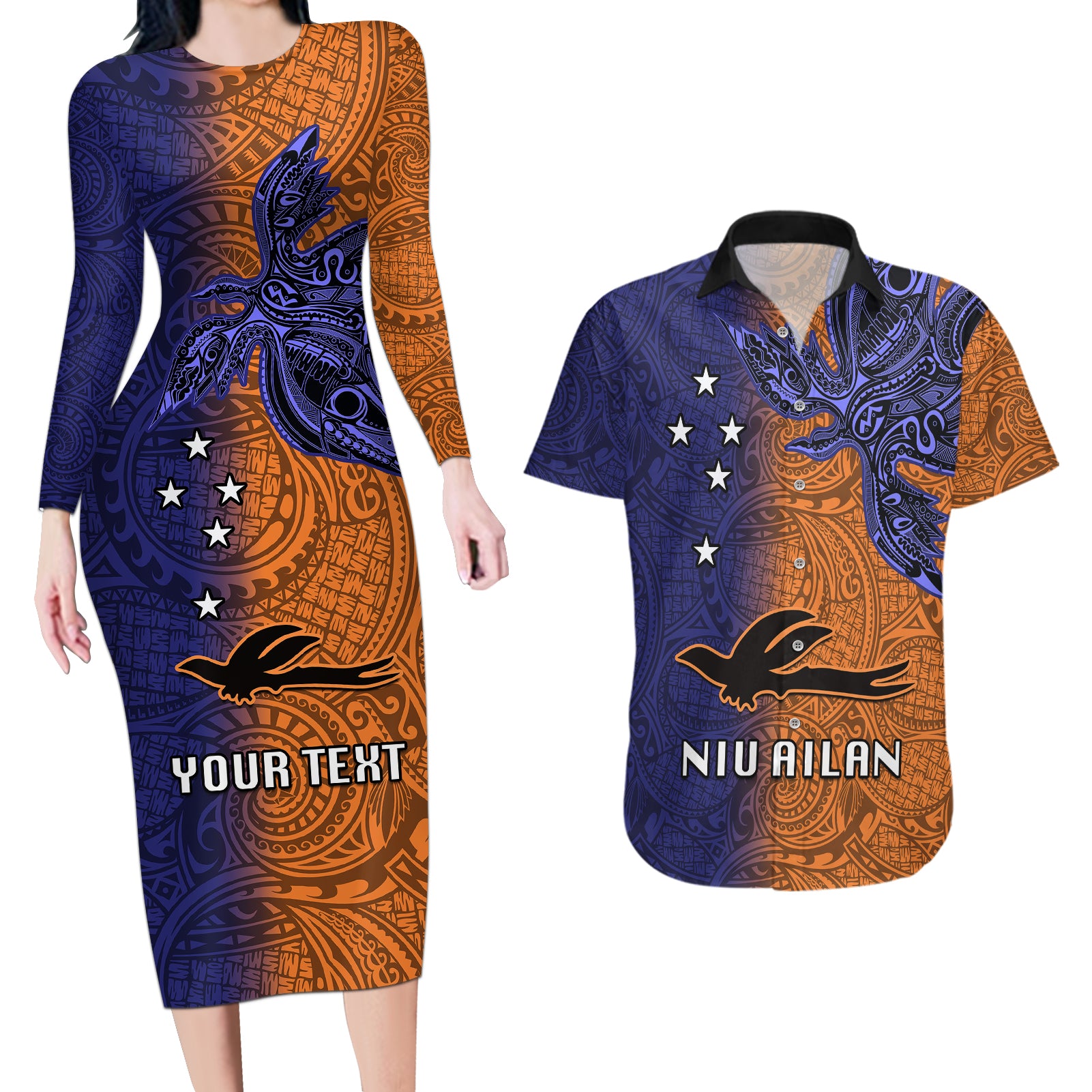 Custom Papua New Guinea New Ireland Province Couples Matching Long Sleeve Bodycon Dress and Hawaiian Shirt PNG Birds Of Paradise Polynesian Arty Style LT03 Orange - Polynesian Pride