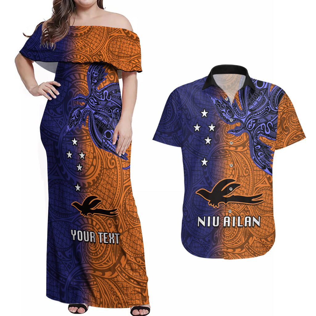 Custom Papua New Guinea New Ireland Province Couples Matching Off Shoulder Maxi Dress and Hawaiian Shirt PNG Birds Of Paradise Polynesian Arty Style LT03 Orange - Polynesian Pride