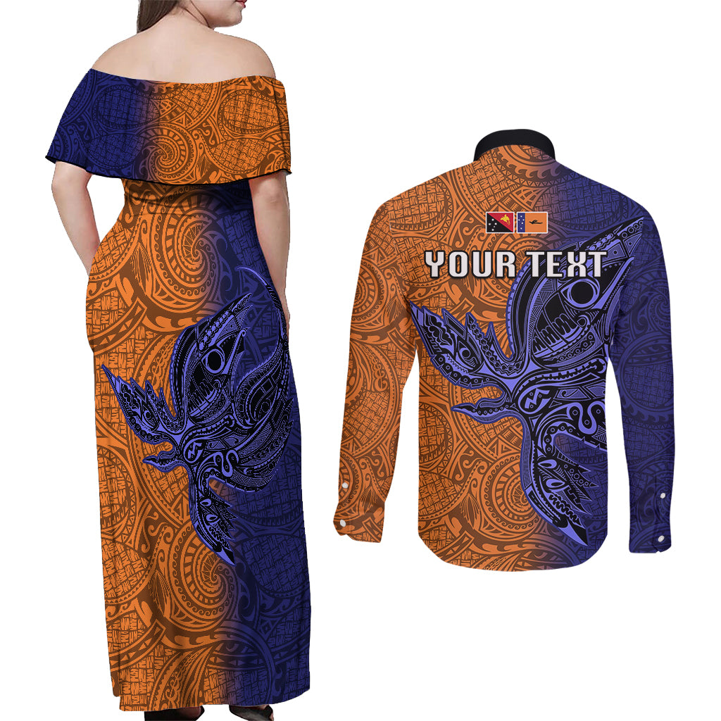 Custom Papua New Guinea New Ireland Province Couples Matching Off Shoulder Maxi Dress and Long Sleeve Button Shirts PNG Birds Of Paradise Polynesian Arty Style LT03 - Polynesian Pride