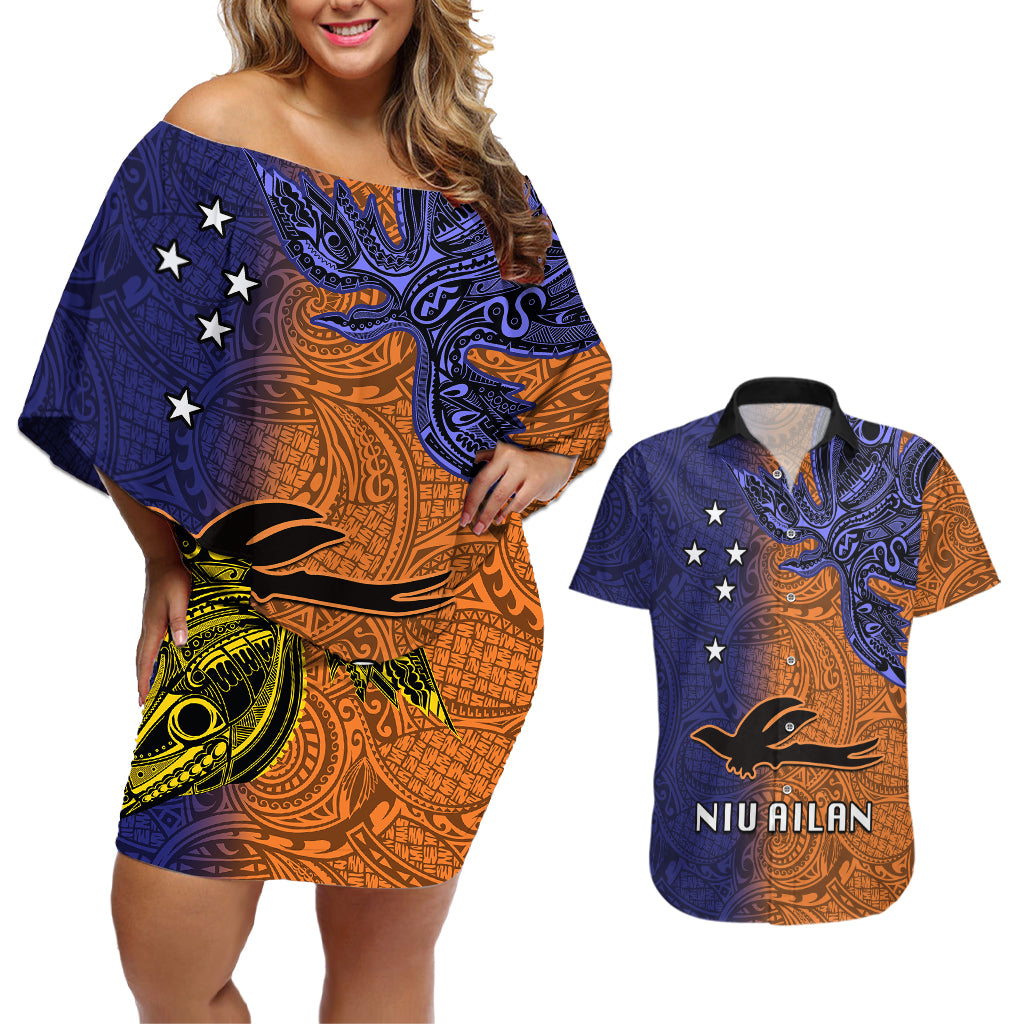 Custom Papua New Guinea New Ireland Province Couples Matching Off Shoulder Short Dress and Hawaiian Shirt PNG Birds Of Paradise Polynesian Arty Style LT03 Orange - Polynesian Pride