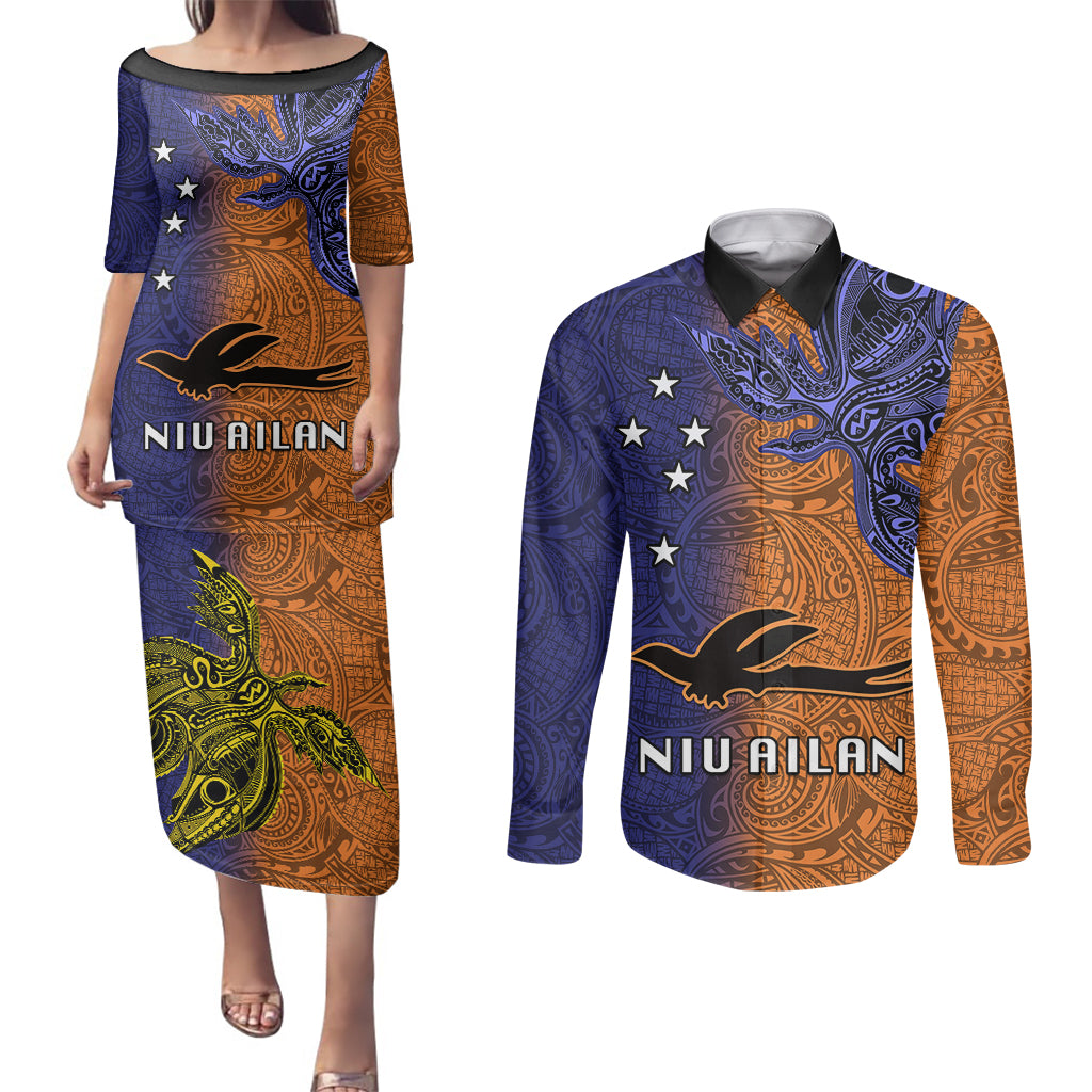 Custom Papua New Guinea New Ireland Province Couples Matching Puletasi Dress and Long Sleeve Button Shirts PNG Birds Of Paradise Polynesian Arty Style LT03 Orange - Polynesian Pride