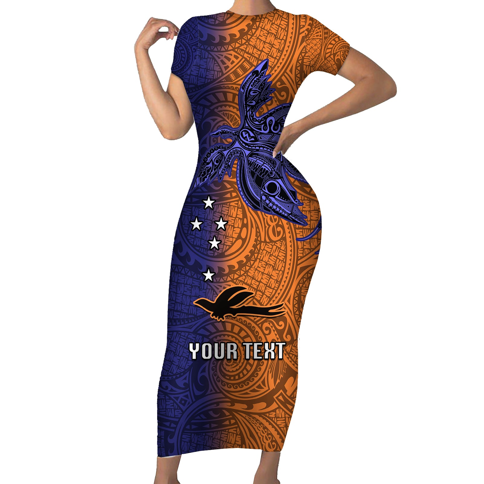 Custom Papua New Guinea New Ireland Province Short Sleeve Bodycon Dress PNG Birds Of Paradise Polynesian Arty Style LT03 Long Dress Orange - Polynesian Pride